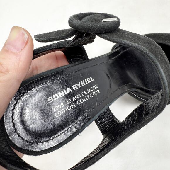 [Sonia Rykiel] Black Gold Lips Suede Leather Open Toe Platform Heels Sz 38 US 8 - Picture 11 of 12